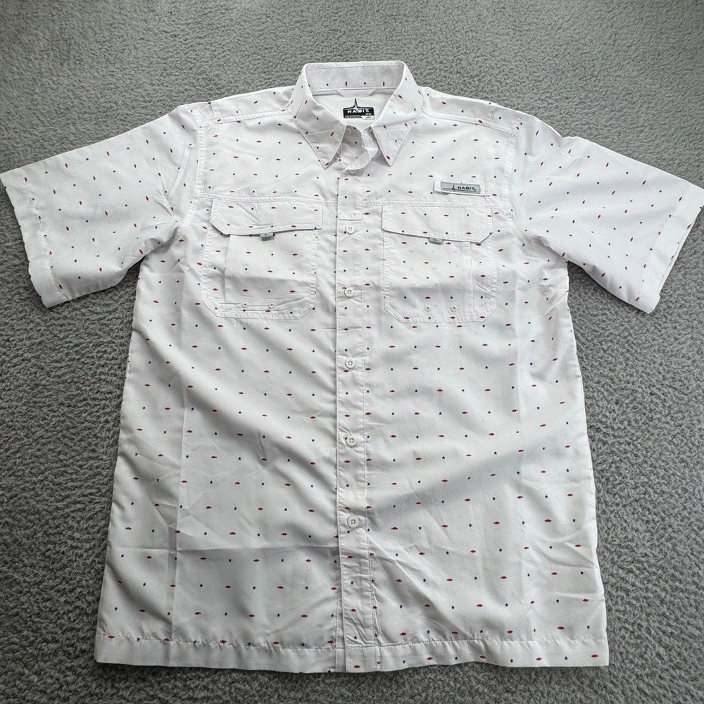 Habit Mens Medium White Red Fish Star‎ Print Short Sleeve Button Down Shirt
